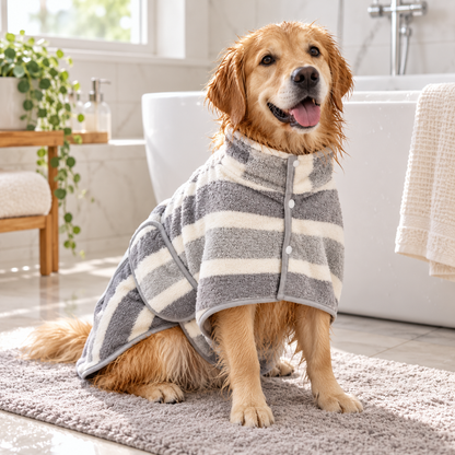 💧 Pet-Approved | Thick Cloud-Soft Coral Fleece | Fast-Drying Striped Pet Robe
