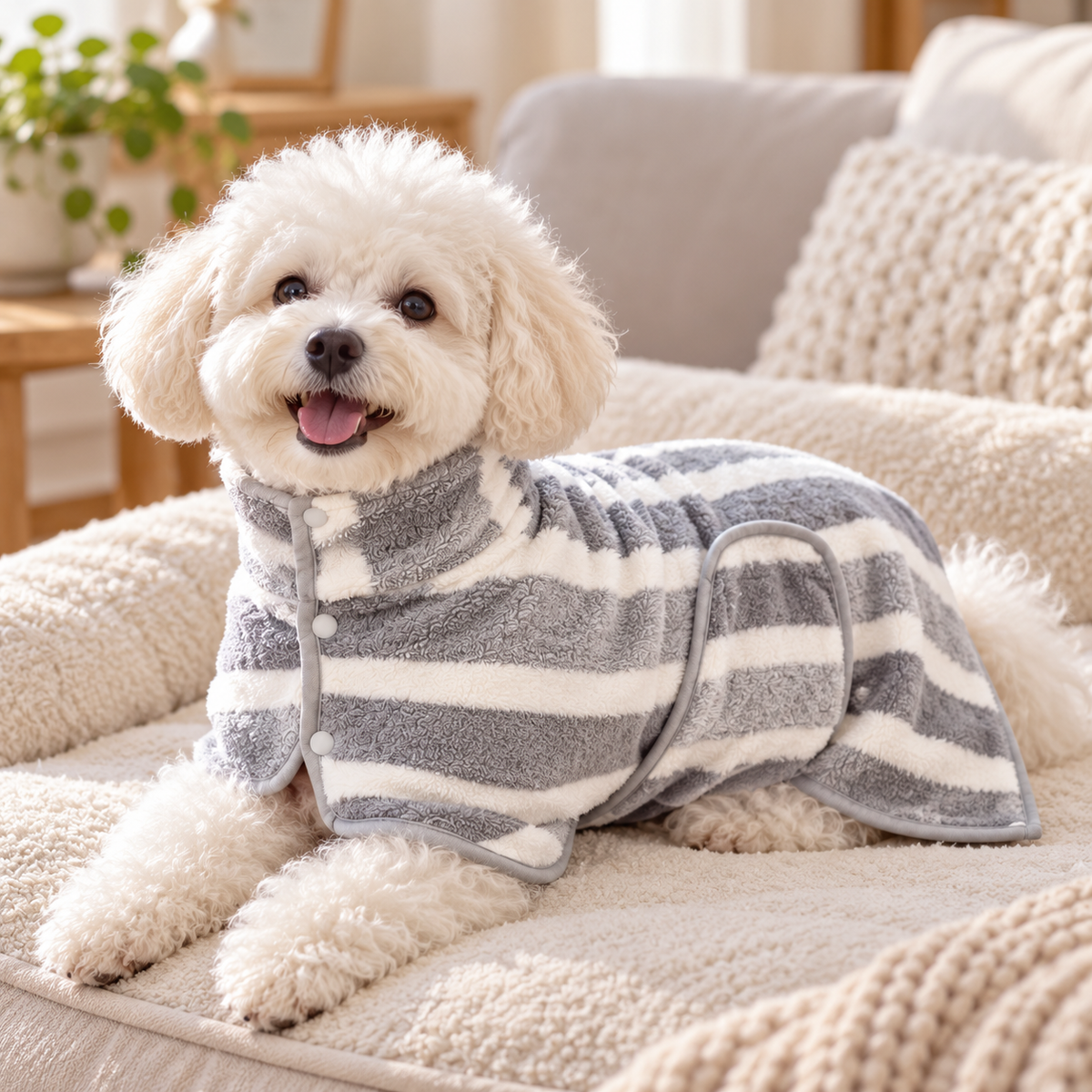 💧 Pet-Approved | Thick Cloud-Soft Coral Fleece | Fast-Drying Striped Pet Robe
