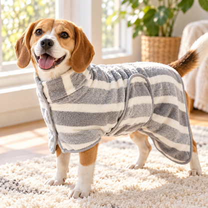 💧 Pet-Approved | Thick Cloud-Soft Coral Fleece | Fast-Drying Striped Pet Robe