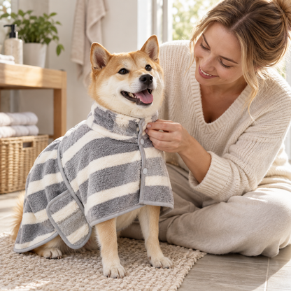 💧 Pet-Approved | Thick Cloud-Soft Coral Fleece | Fast-Drying Striped Pet Robe